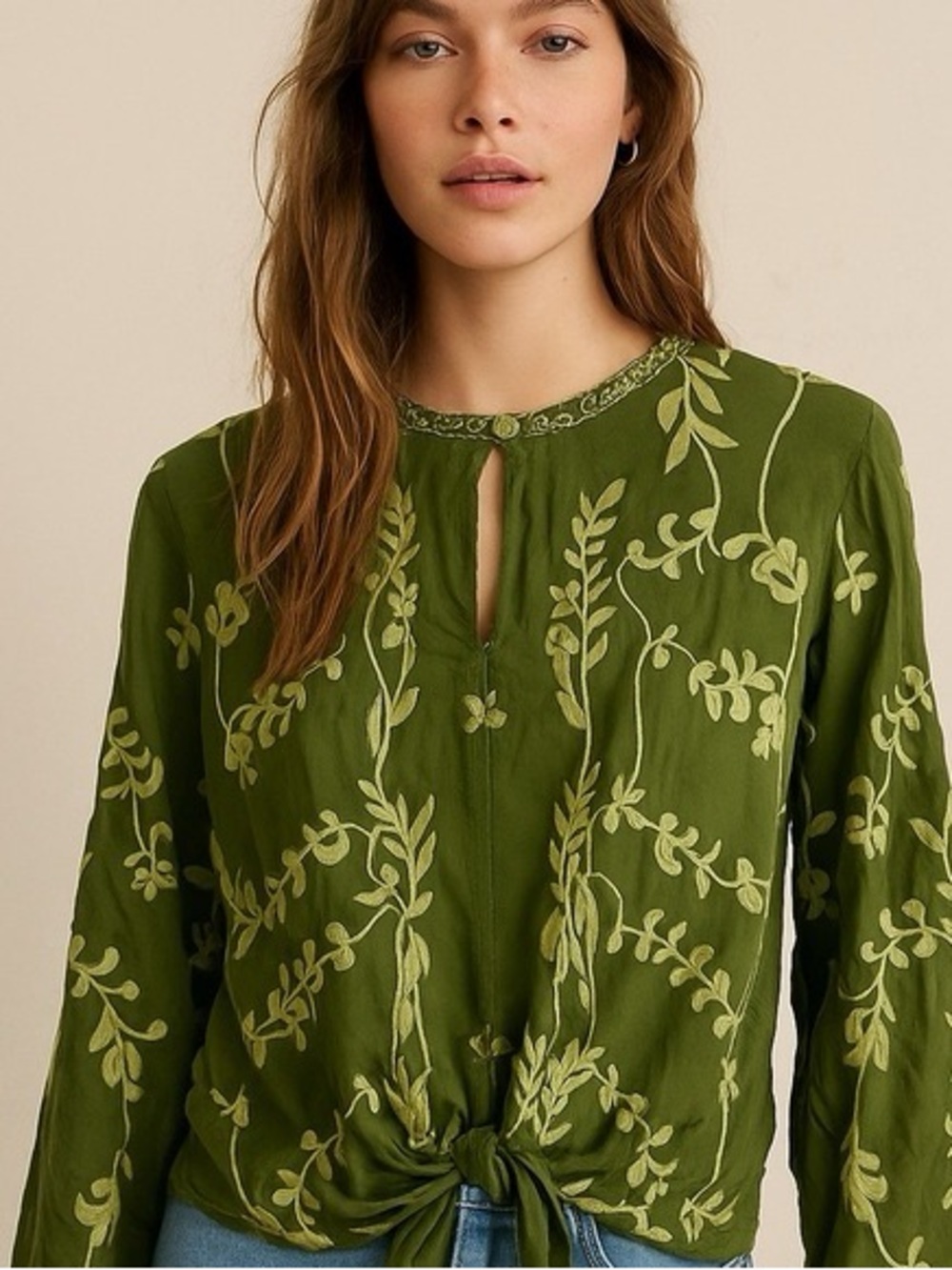 Johnny Was Embroidered Olive Green Sheer Tie-Front Blouse Size M - Picture 3 of 4